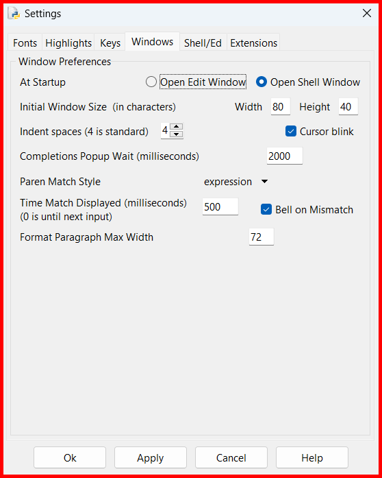 Picture showing the Windows tab of the settings screen